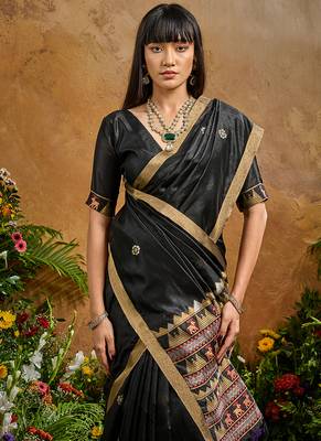 black tussar art silk blend woven work saree 4