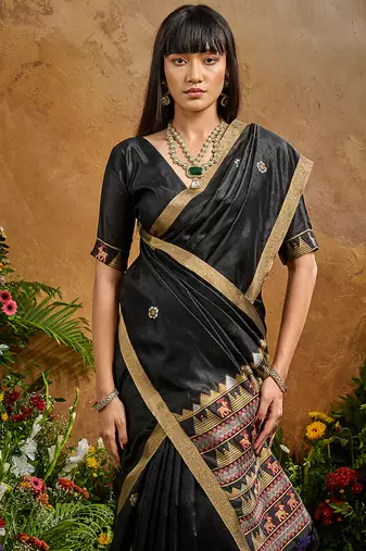 black tussar art silk blend woven work saree