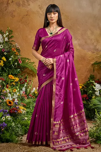 dark magenta tussar art silk woven work saree