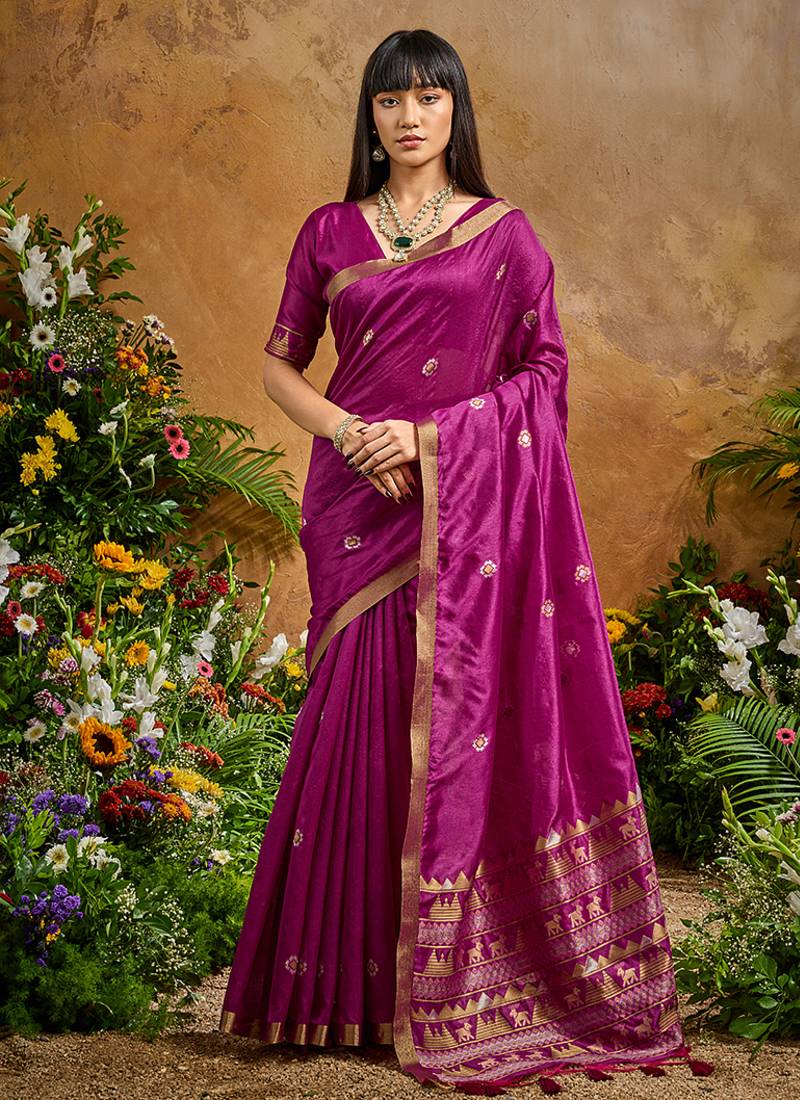 dark magenta tussar art silk woven work saree