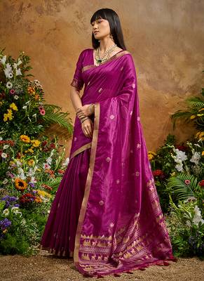 dark magenta tussar art silk blend woven work saree 2