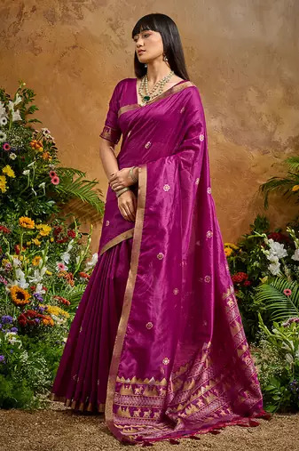 dark magenta tussar art silk blend woven work saree