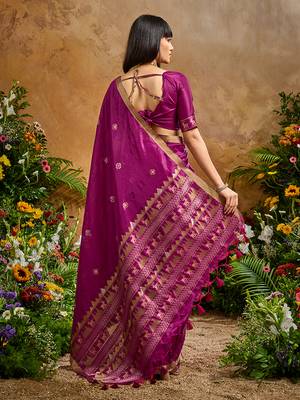 dark magenta tussar art silk blend woven work saree 3