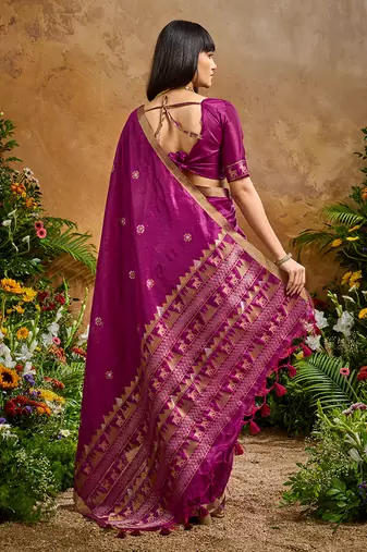 dark magenta tussar art silk blend woven work saree