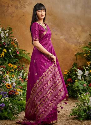 dark magenta tussar art silk blend woven work saree 4