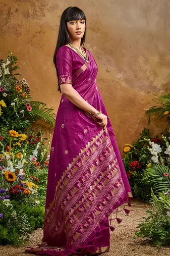 dark magenta tussar art silk blend woven work saree