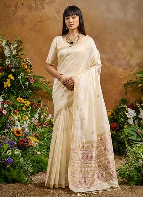 off white tussar art silk blend woven work saree 1