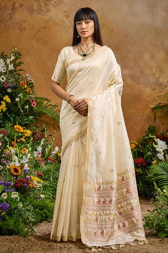 off white tussar art silk woven work saree