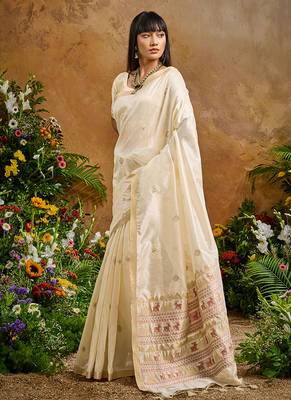 off white tussar art silk blend woven work saree 2
