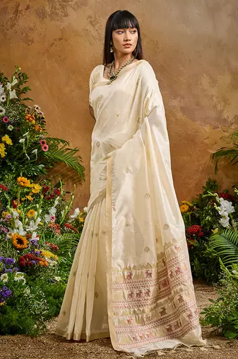 off white tussar art silk blend woven work saree