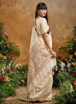 off white tussar art silk blend woven work saree 3