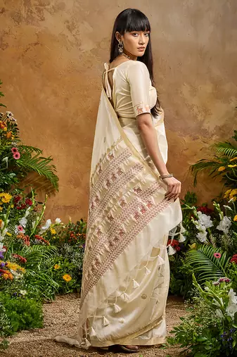 off white tussar art silk blend woven work saree