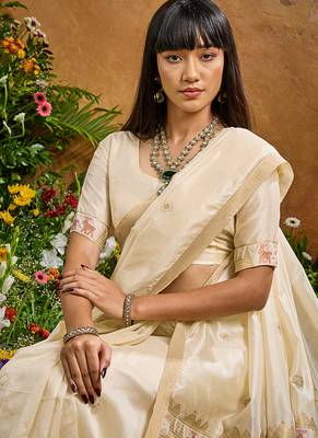 off white tussar art silk blend woven work saree 4