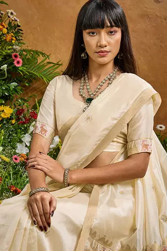 off white tussar art silk blend woven work saree