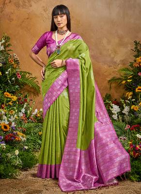 woven work art silk blend green saree 1