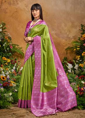 woven work art silk blend green saree 2