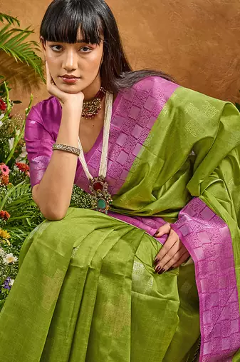 woven work art silk blend green saree