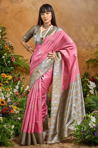 woven work art silk pink saree