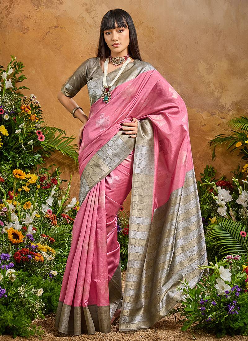 woven work art silk pink saree