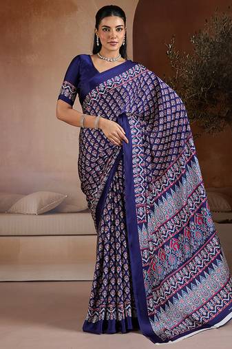 Navy blue printed satin saree