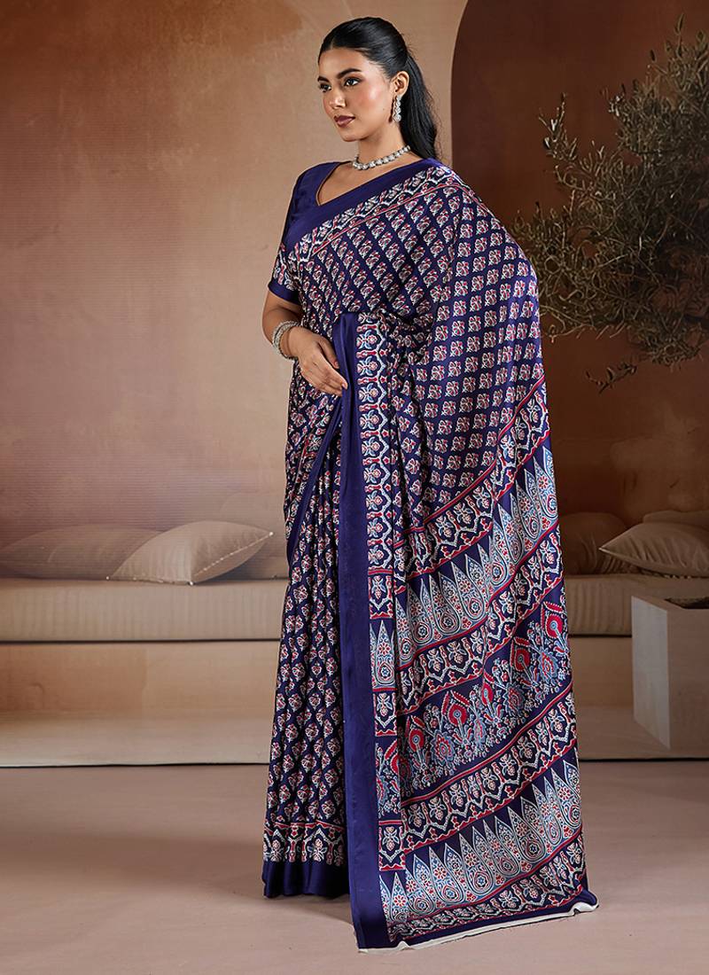 Navy blue printed satin saree