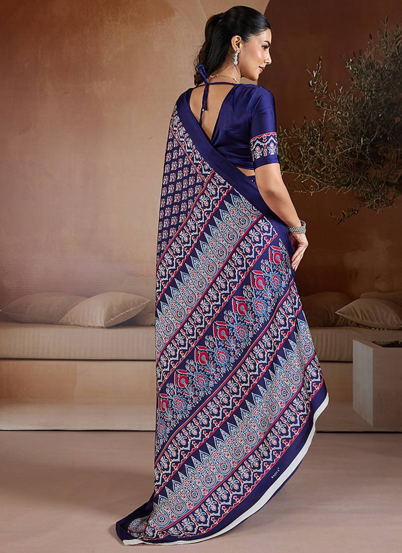 Navy blue printed satin saree