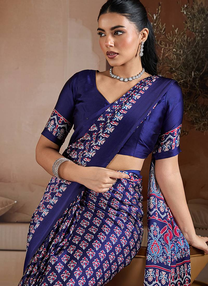 Navy blue printed satin saree