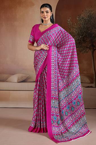 Rani pink printed satin saree