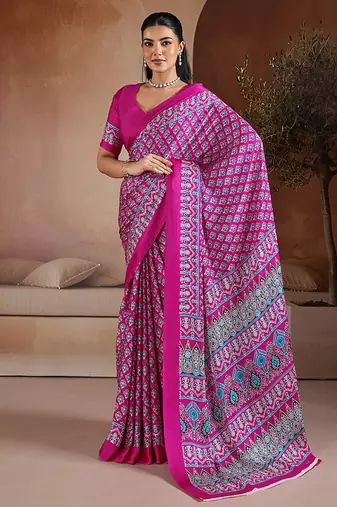Rani pink printed satin saree