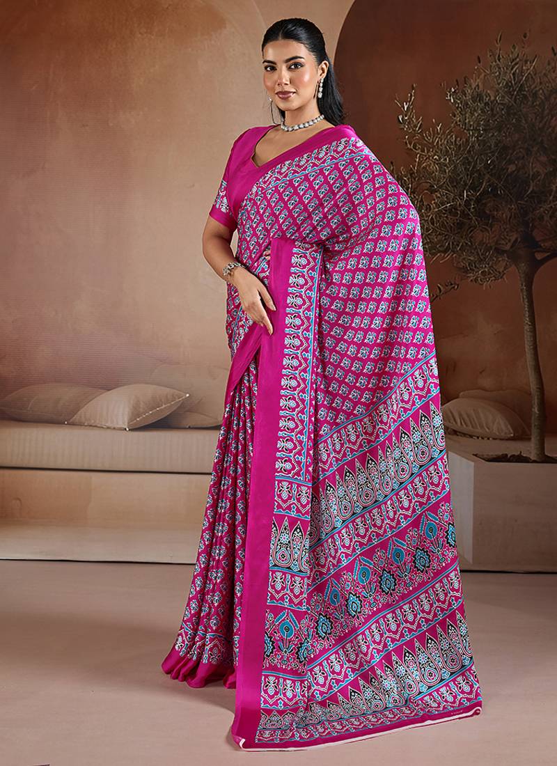 Rani pink printed satin saree
