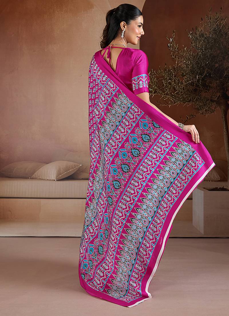 Rani pink printed satin saree