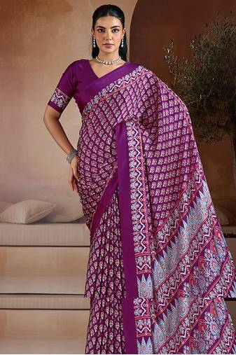 Purple printed satin saree