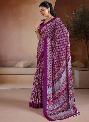Purple printed satin saree 2