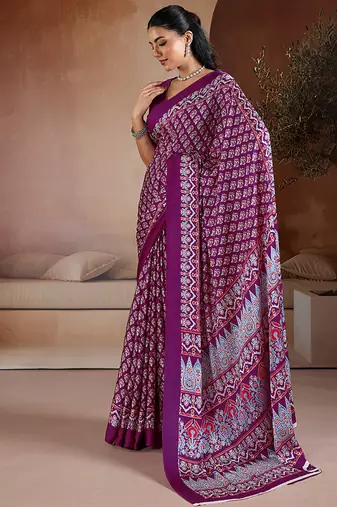Purple printed satin saree