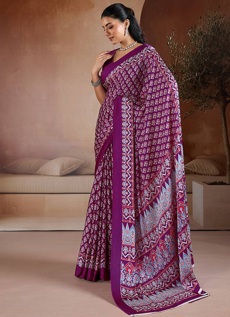 Purple printed satin saree