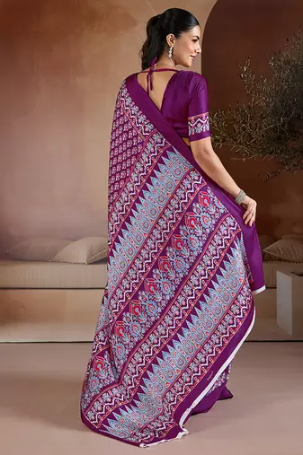 Purple printed satin saree
