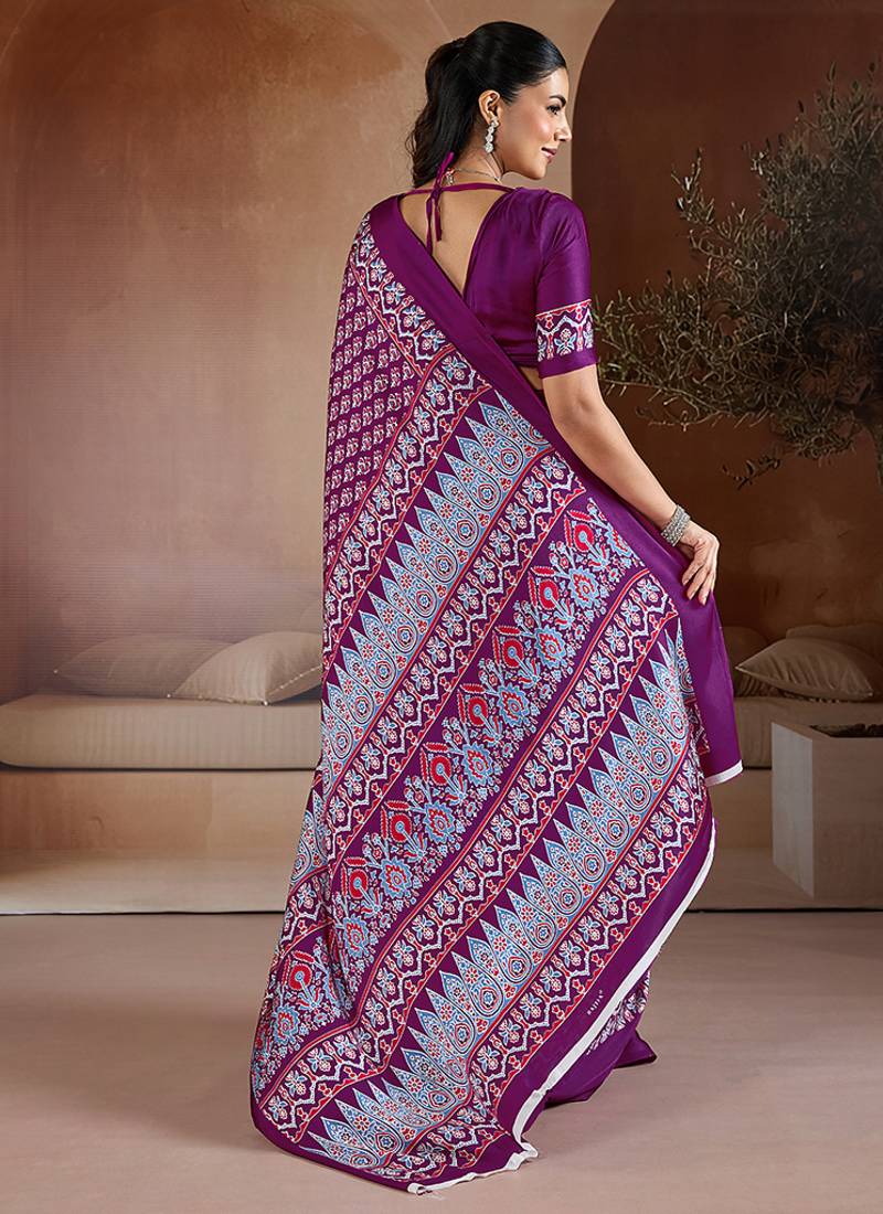 Purple printed satin saree
