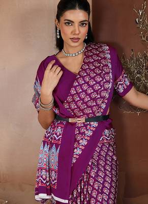 Purple printed satin saree 4