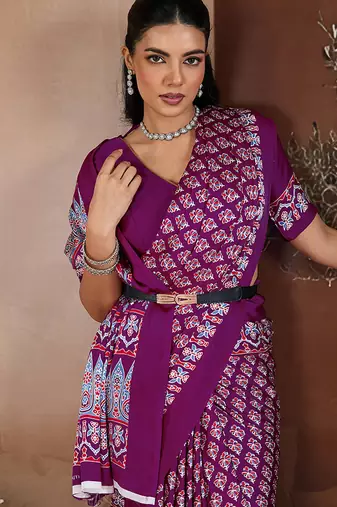 Purple printed satin saree
