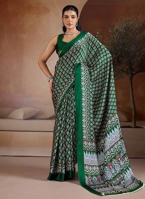 Dark green printed satin saree 1