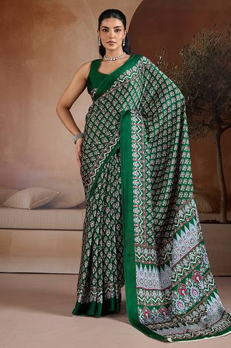 Dark green printed satin saree