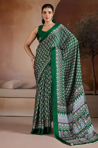 Dark green printed satin saree