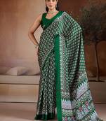 Dark green printed satin saree