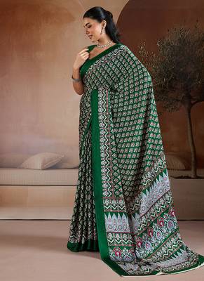 Dark green printed satin saree 2