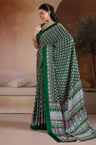 Dark green printed satin saree
