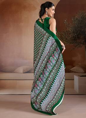 Dark green printed satin saree 3