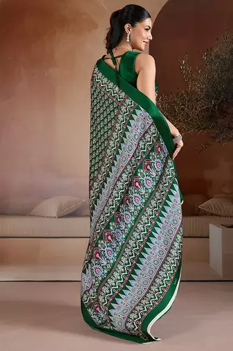 Dark green printed satin saree