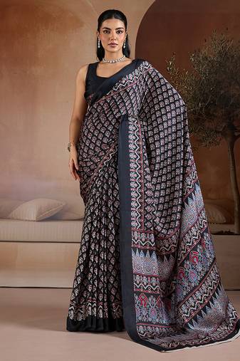Black printed satin saree