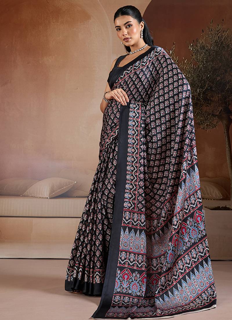 Black printed satin saree