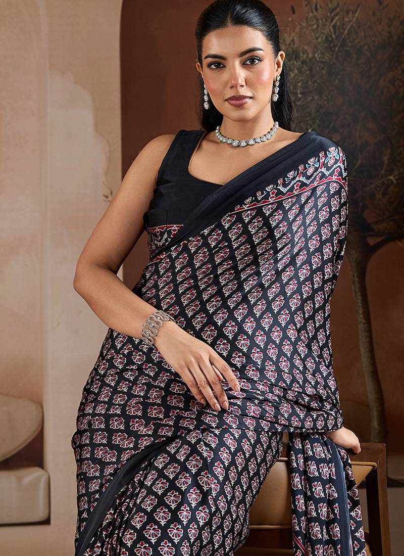 Black printed satin saree
